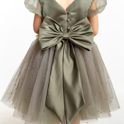Olive Green Pearl Tulle Flower Girl Dress: Short Sleeves Satin Bodice