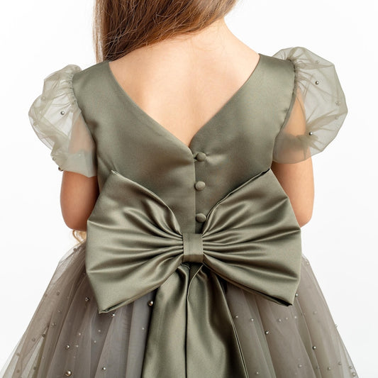 Olive Green Pearl Tulle Flower Girl Dress: Short Sleeves Satin Bodice