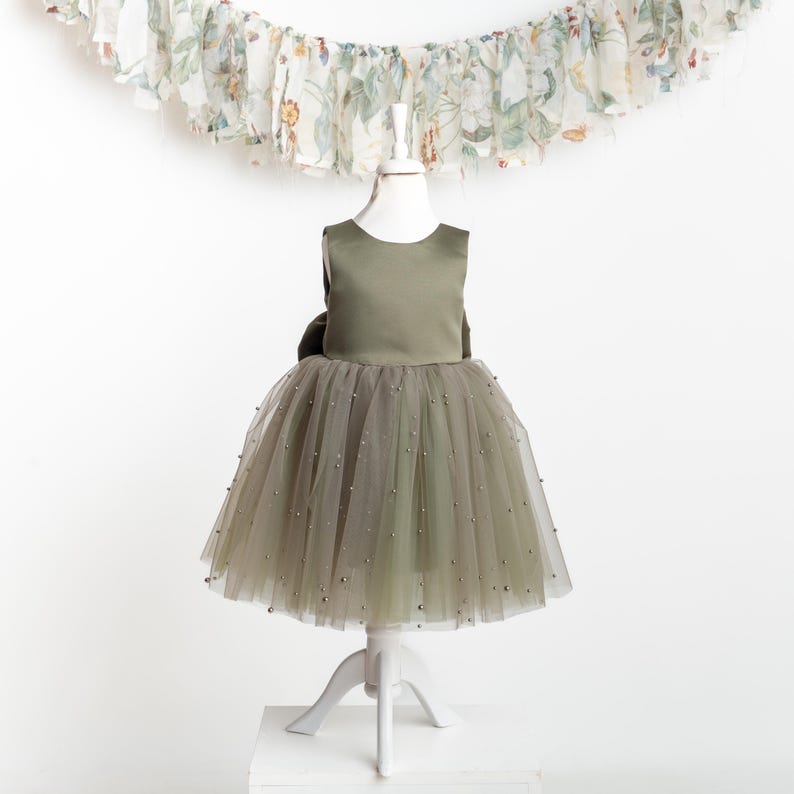 Olive Green Tulle Flower Girl Dress with Pearl Accents for Wedding, Party & Communion