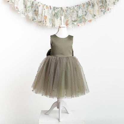 Olive Green Tulle Flower Girl Dress with Pearl Accents for Wedding, Party & Communion