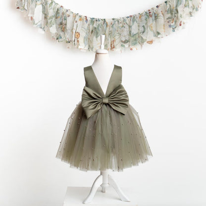 Olive Green Tulle Flower Girl Dress with Pearl Accents for Wedding, Party & Communion