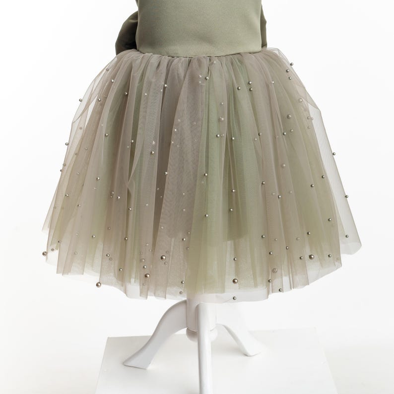 Olive Green Tulle Flower Girl Dress with Pearl Accents for Wedding, Party & Communion