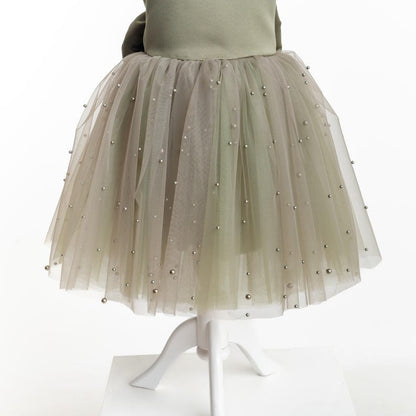 Olive Green Tulle Flower Girl Dress with Pearl Accents for Wedding, Party & Communion