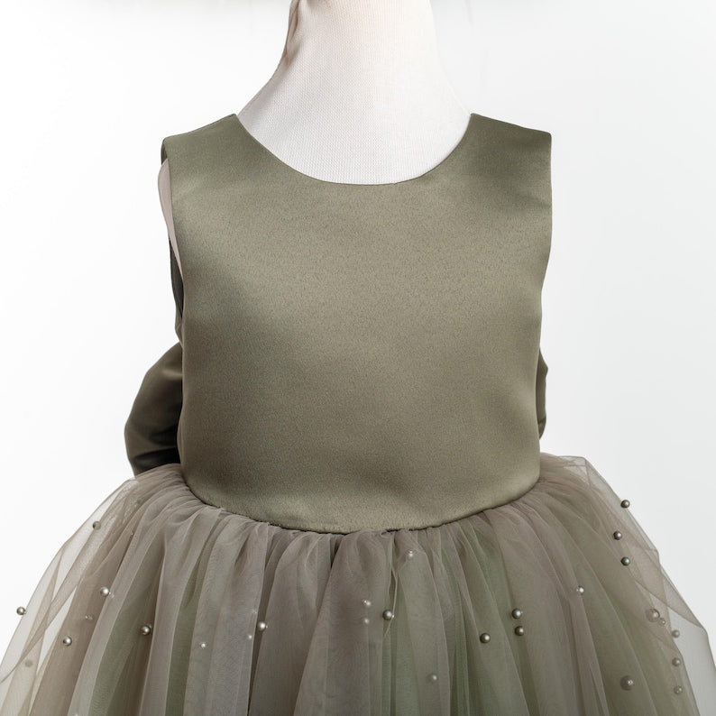 Olive Green Tulle Flower Girl Dress with Pearl Accents for Wedding, Party & Communion