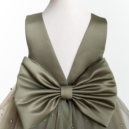 Olive Green Tulle Flower Girl Dress with Pearl Accents for Wedding, Party & Communion