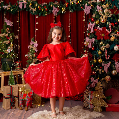 Full front view of red satin flower girl dress with glitter tulle skirt