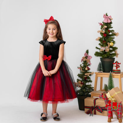 Red and black velvet flower girl dress with tulle skirt and bow detail for holiday and special occasions
