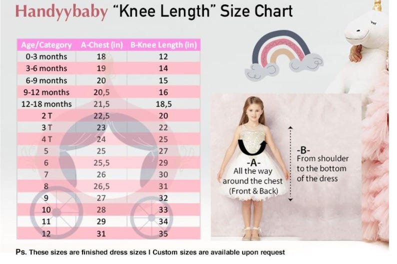 Size chart for red satin flower girl dress showing measurements by age