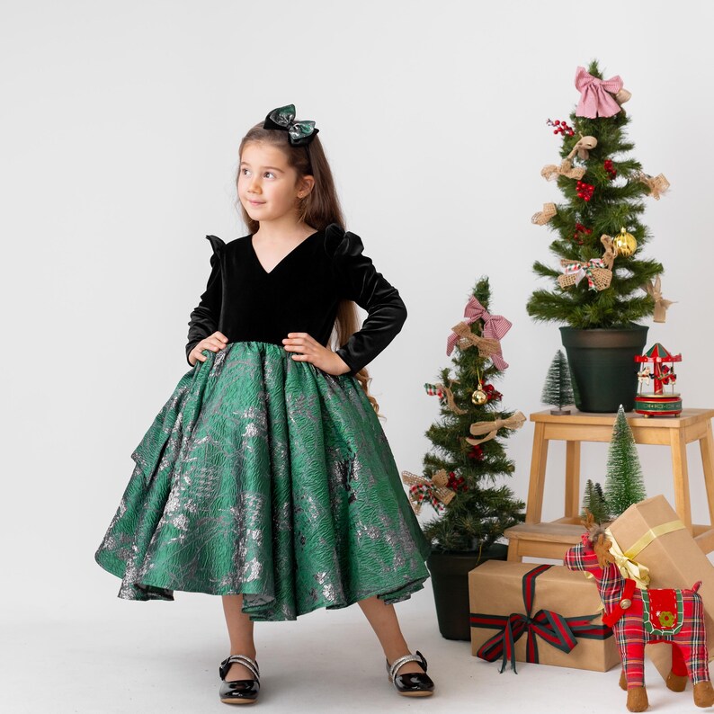 green emerald velvet dress Emerald Green Christmas Dress, Velvet Brocade Flower Girl Dress – HandyyBaby