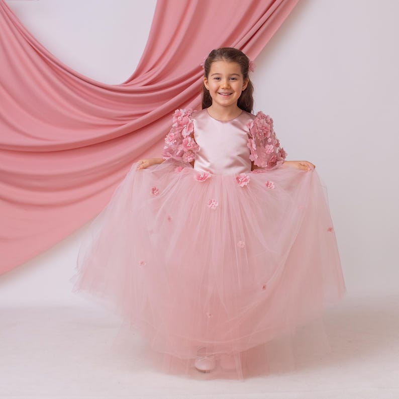 Blush satin flower girl dress with floral appliqué sleeves and soft tulle skirt, elegant girls special occasion dress for weddings
