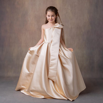 Champagne Satin One-Shoulder Flower Girl Dress with Bow & Personalized Bag Wedding Gown