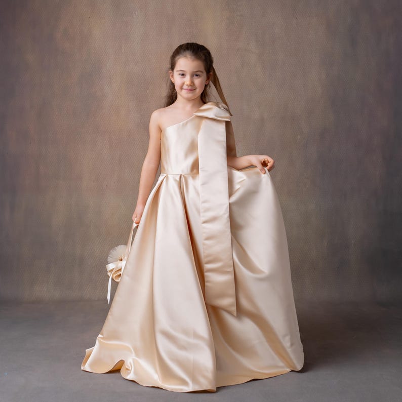 Champagne Satin One-Shoulder Flower Girl Dress with Bow & Personalized Bag Wedding Gown
