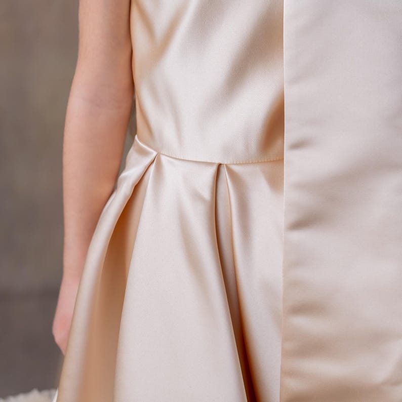 Champagne Satin One-Shoulder Flower Girl Dress with Bow & Personalized Bag Wedding Gown