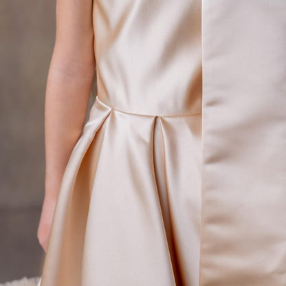 Champagne Satin One-Shoulder Flower Girl Dress with Bow & Personalized Bag Wedding Gown