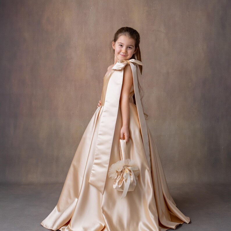 Champagne Satin One-Shoulder Flower Girl Dress with Bow & Personalized Bag Wedding Gown
