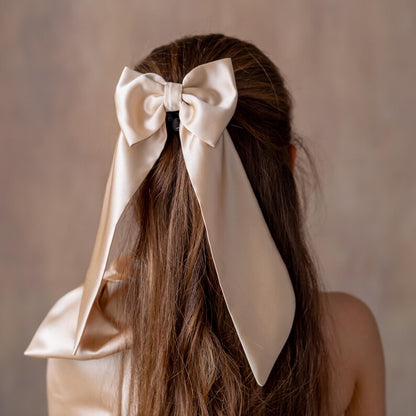 Champagne Satin One-Shoulder Flower Girl Dress with Bow & Personalized Bag Wedding Gown