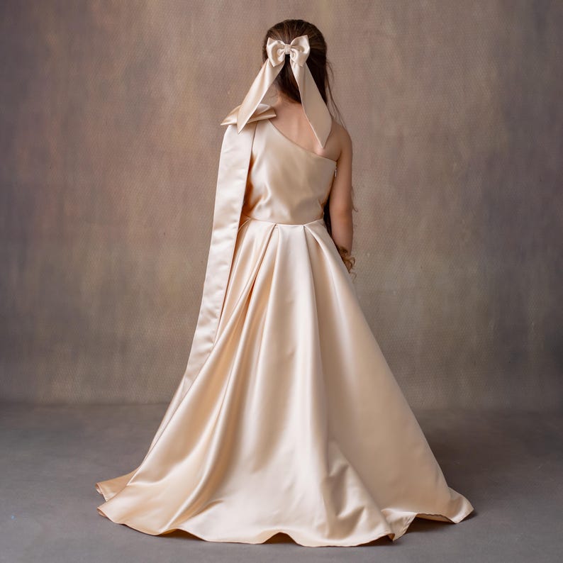 Champagne Satin One-Shoulder Flower Girl Dress with Bow & Personalized Bag Wedding Gown