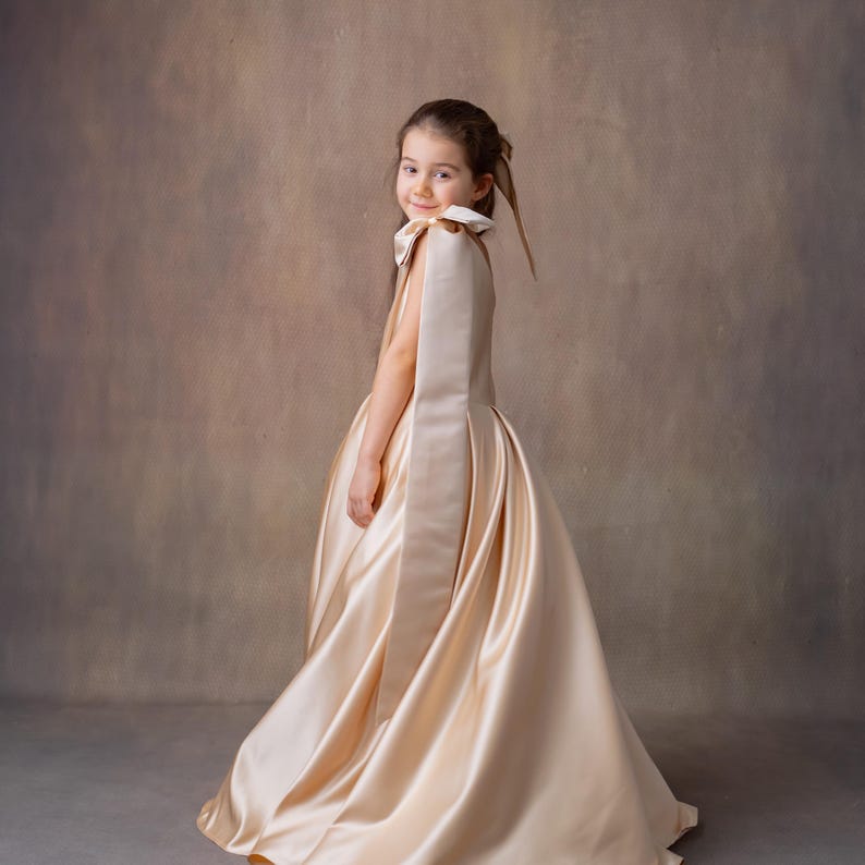 Champagne Satin One-Shoulder Flower Girl Dress with Bow & Personalized Bag Wedding Gown