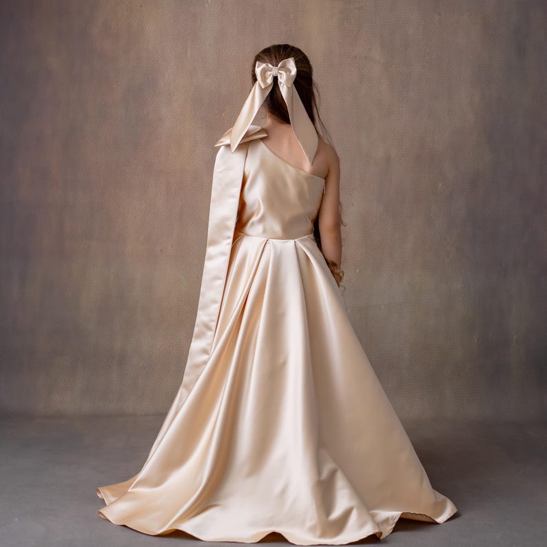 Champagne Satin One-Shoulder Flower Girl Dress with Bow & Personalized Bag Wedding Gown