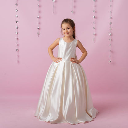 Ivory Satin Flower Girl Dress: Wedding Gown with Bow