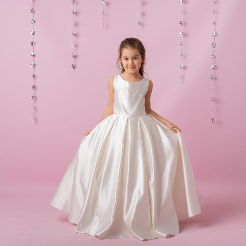 Ivory Satin Flower Girl Dress: Wedding Gown with Bow