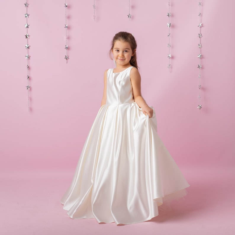 Ivory Satin Flower Girl Dress: Wedding Gown with Bow