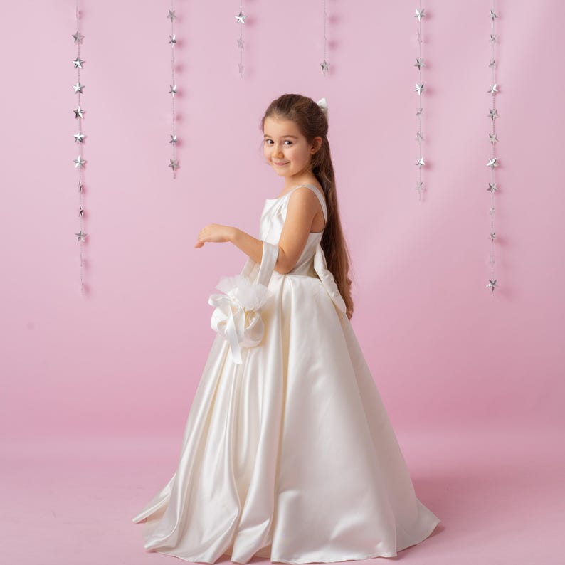 Ivory Satin Flower Girl Dress: Wedding Gown with Bow