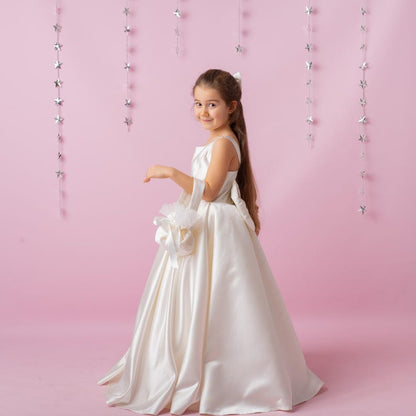 Ivory Satin Flower Girl Dress: Wedding Gown with Bow