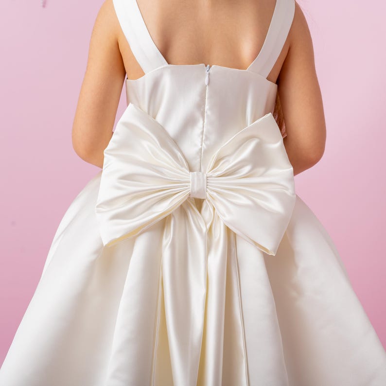 Ivory Satin Flower Girl Dress: Wedding Gown with Bow