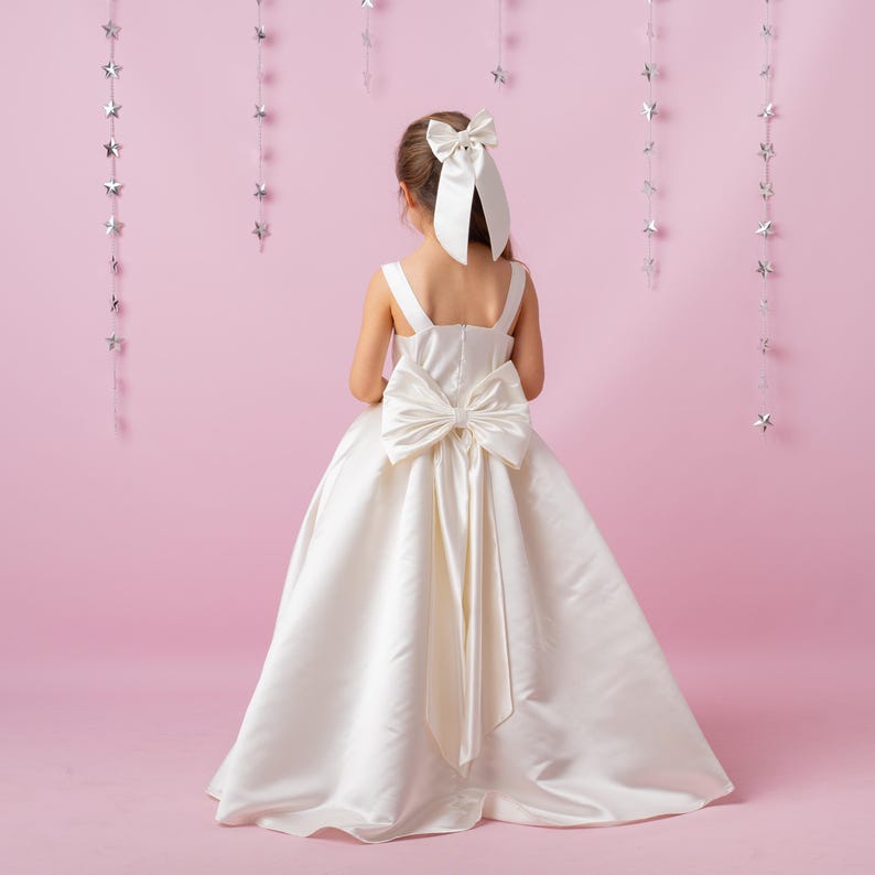 Ivory Satin Flower Girl Dress: Wedding Gown with Bow