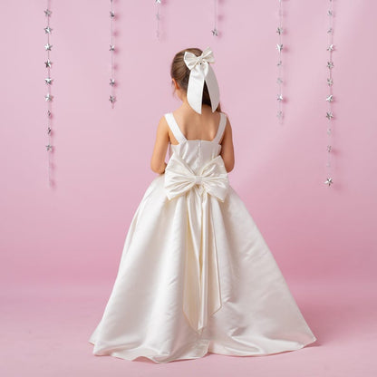 Ivory Satin Flower Girl Dress: Wedding Gown with Bow