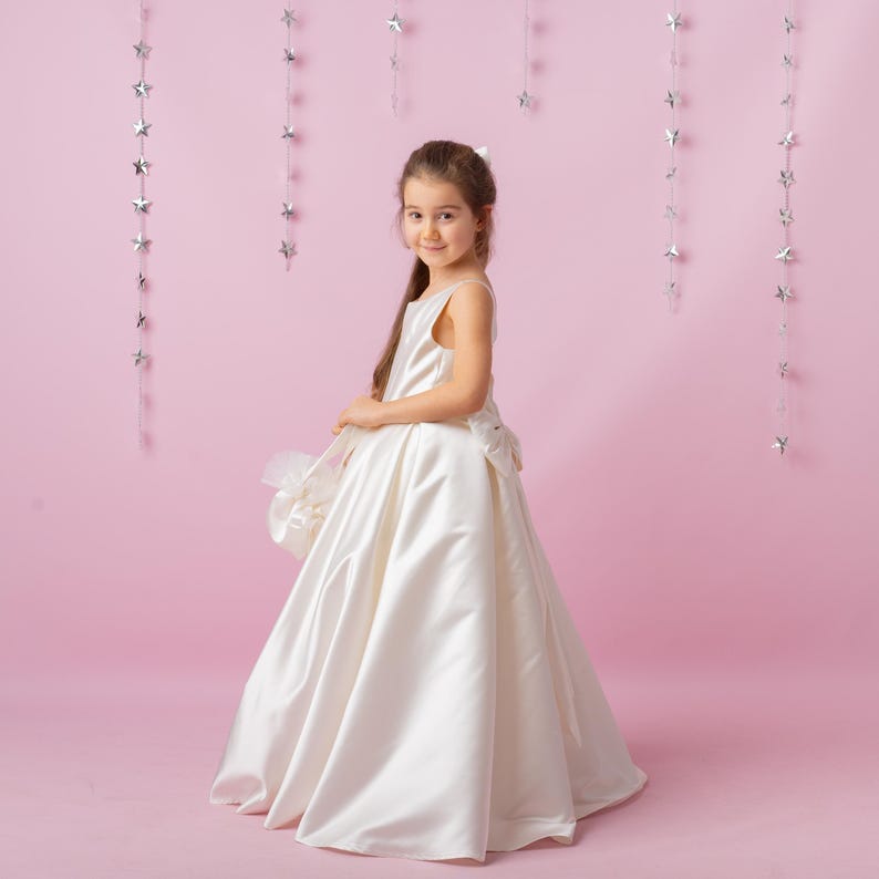 Ivory Satin Flower Girl Dress: Wedding Gown with Bow