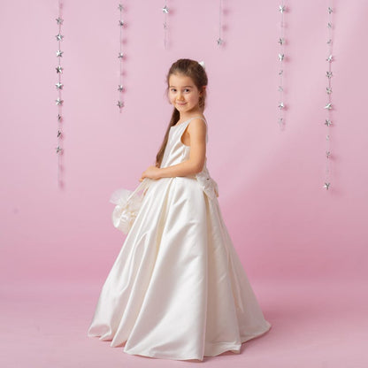 Ivory Satin Flower Girl Dress: Wedding Gown with Bow