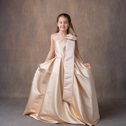 Champagne Satin One-Shoulder Flower Girl Dress with Bow & Personalized Bag Wedding Gown