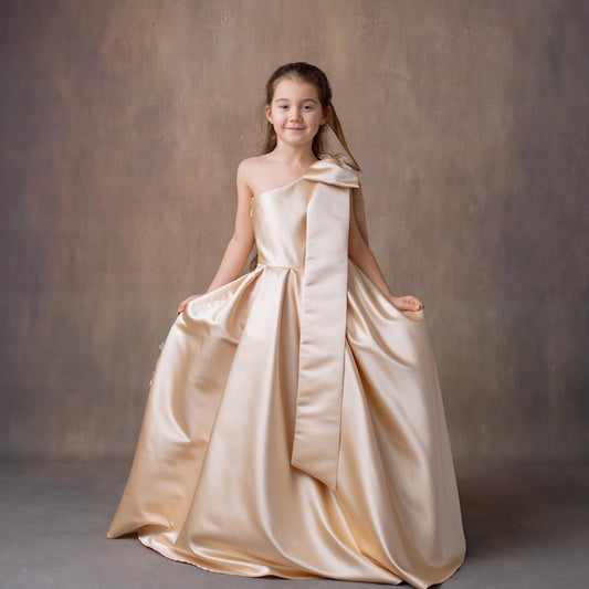 Champagne Satin One-Shoulder Flower Girl Dress with Bow & Personalized Bag Wedding Gown