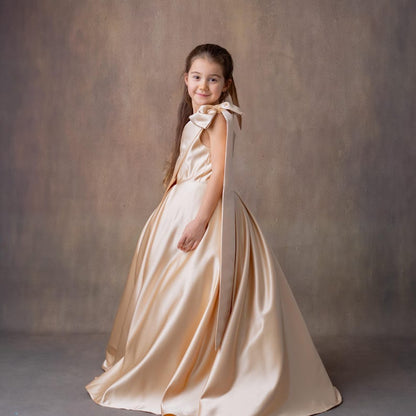 Champagne Satin One-Shoulder Flower Girl Dress with Bow & Personalized Bag Wedding Gown