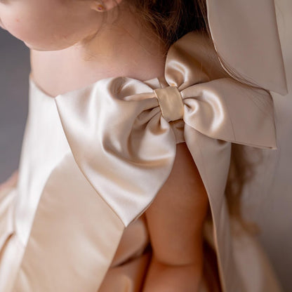 Champagne Satin One-Shoulder Flower Girl Dress with Bow & Personalized Bag Wedding Gown