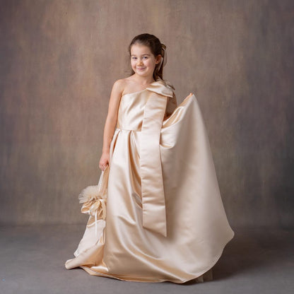 Champagne Satin One-Shoulder Flower Girl Dress with Bow & Personalized Bag Wedding Gown