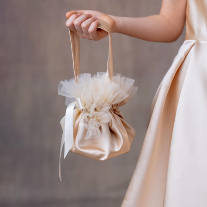 Champagne Satin One-Shoulder Flower Girl Dress with Bow & Personalized Bag Wedding Gown