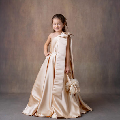 Champagne Satin One-Shoulder Flower Girl Dress with Bow & Personalized Bag Wedding Gown