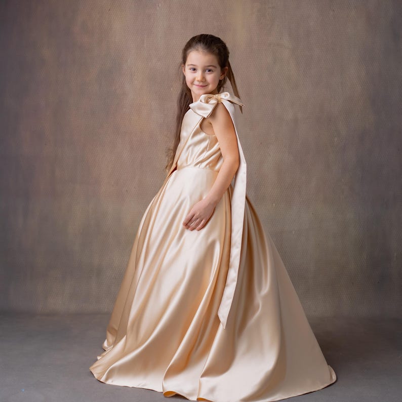 Champagne Satin One-Shoulder Flower Girl Dress with Bow & Personalized Bag Wedding Gown