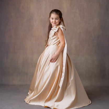 Champagne Satin One-Shoulder Flower Girl Dress with Bow & Personalized Bag Wedding Gown