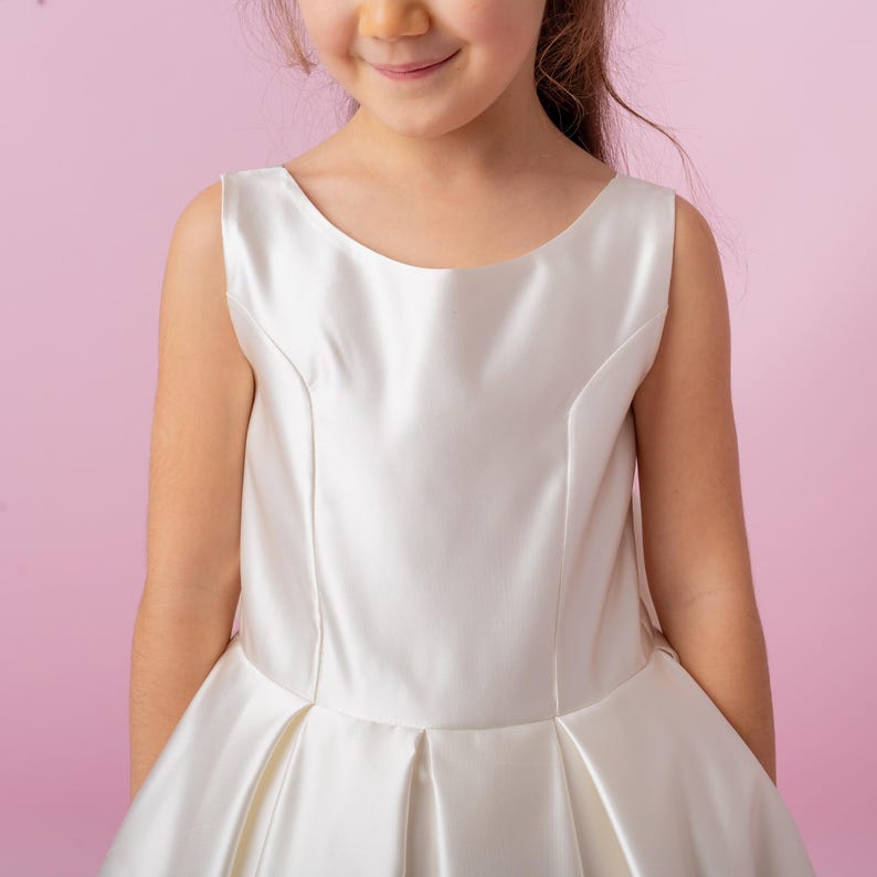 Ivory Satin Flower Girl Dress: Wedding Gown with Bow