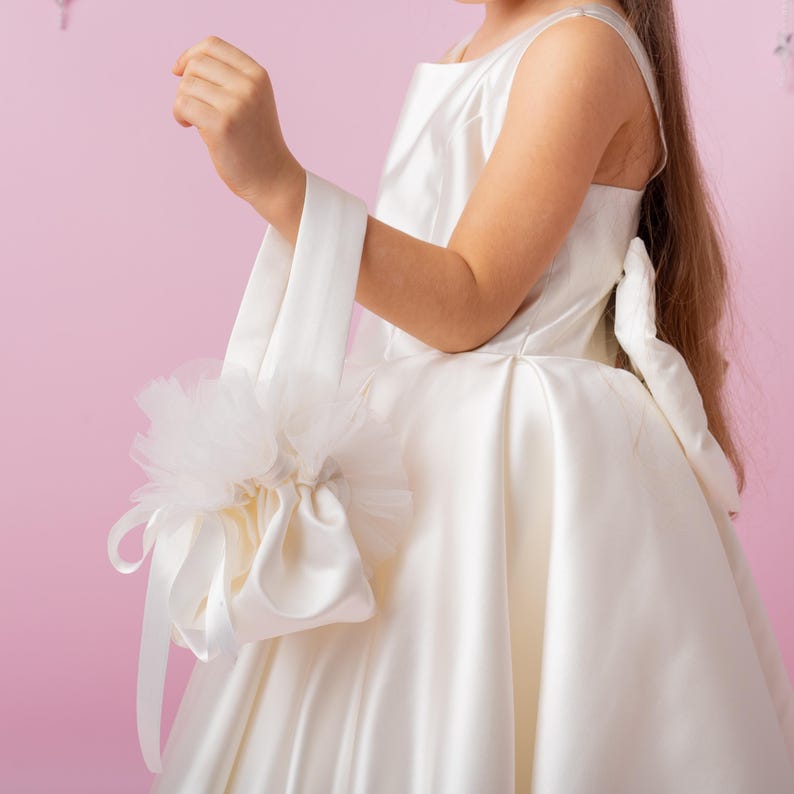 Ivory Satin Flower Girl Dress: Wedding Gown with Bow
