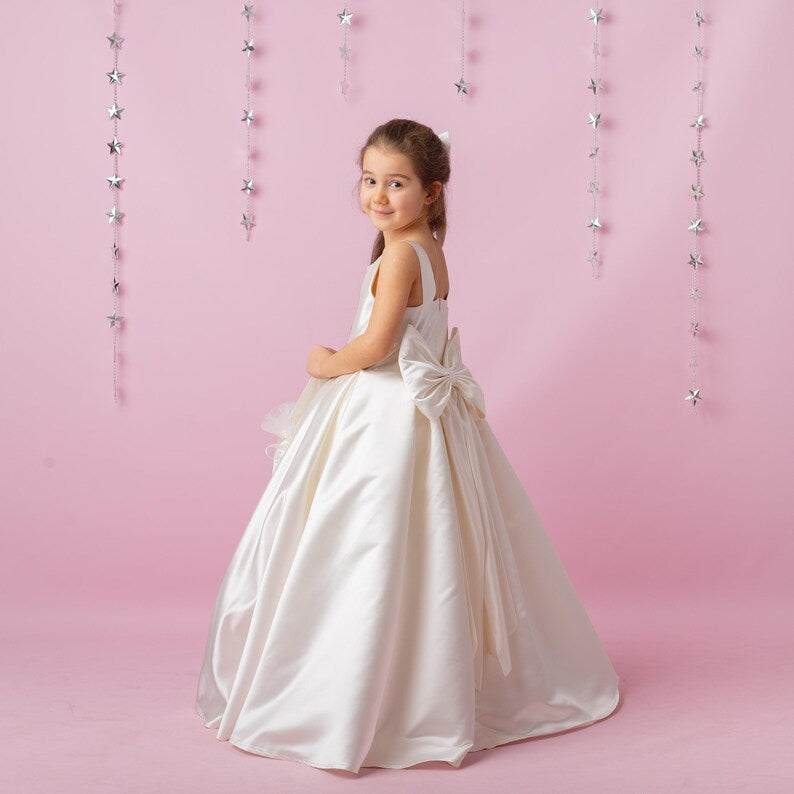 Ivory Satin Flower Girl Dress: Wedding Gown with Bow
