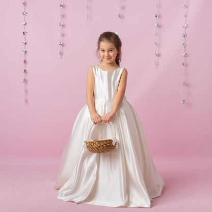 Ivory Satin Flower Girl Dress: Wedding Gown with Bow