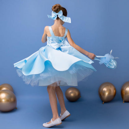 Baby Blue Satin Flower Girl Dress: V-Back Wedding Gown with Bow