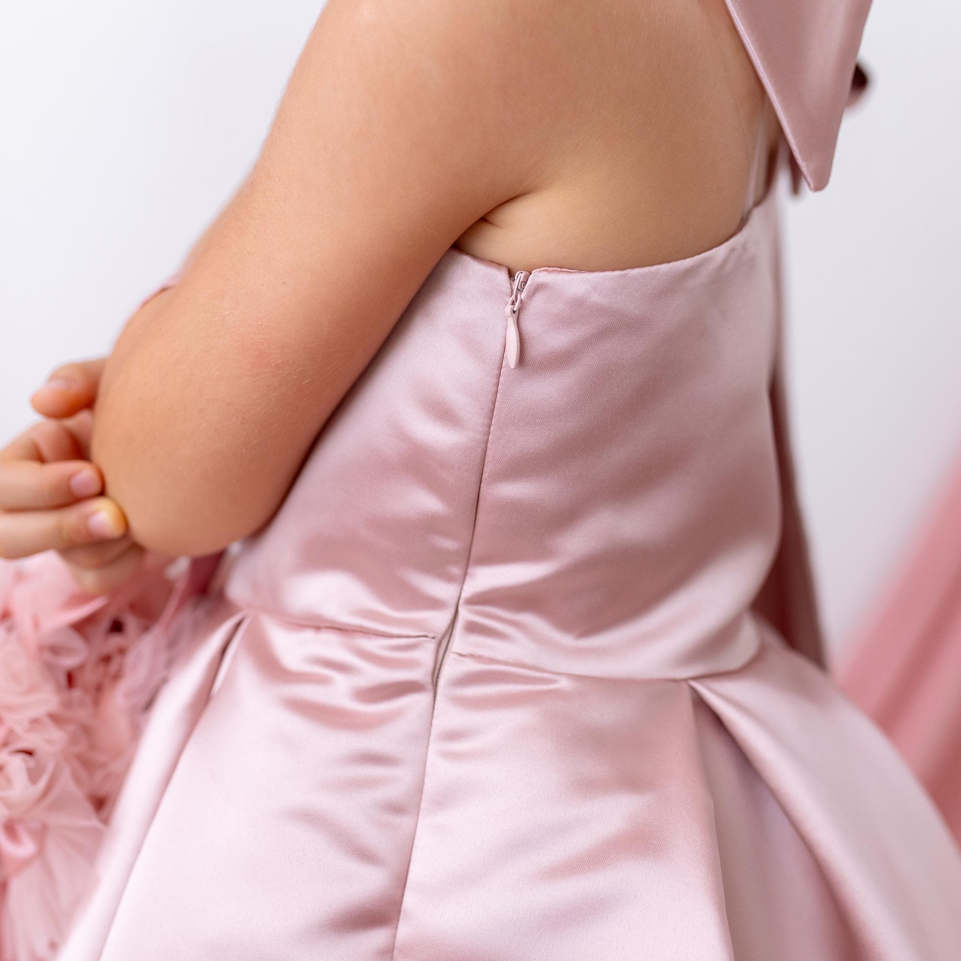 Elegant Blush Satin One Shoulder Flower Girl Dress with Oversized Bow