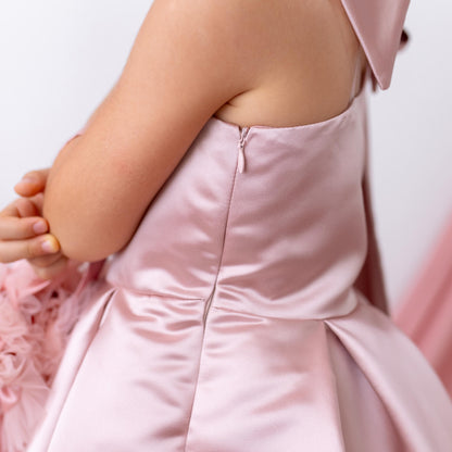 Elegant Blush Satin One Shoulder Flower Girl Dress with Oversized Bow