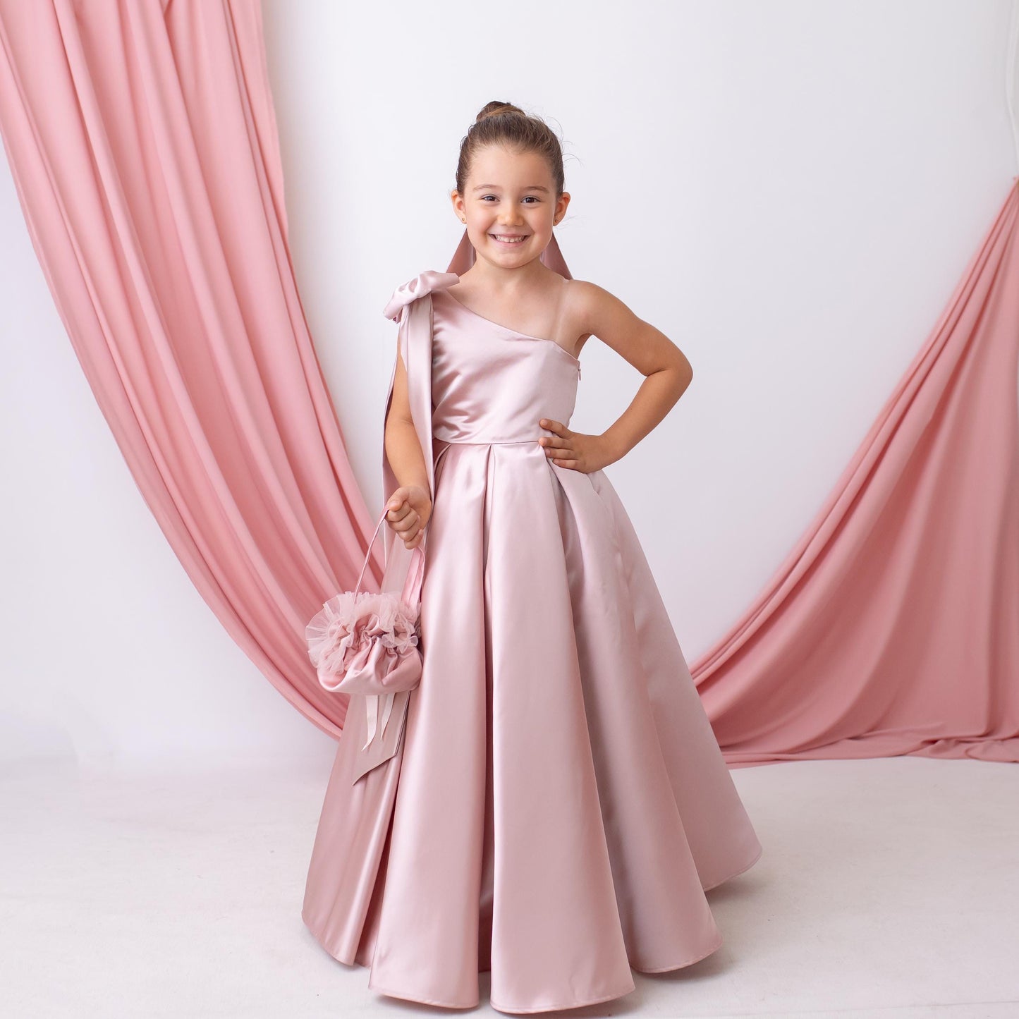 Elegant Blush Satin One Shoulder Flower Girl Dress with Oversized Bow